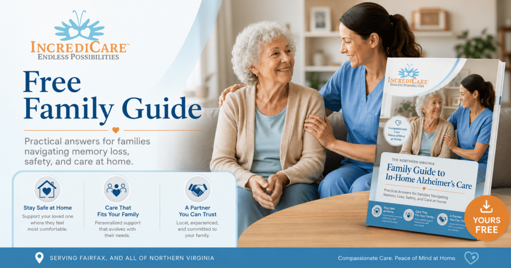 Elderly woman with caregiver smiles as they promote a free Family Guide brochure for in-home Alzheimer's care.