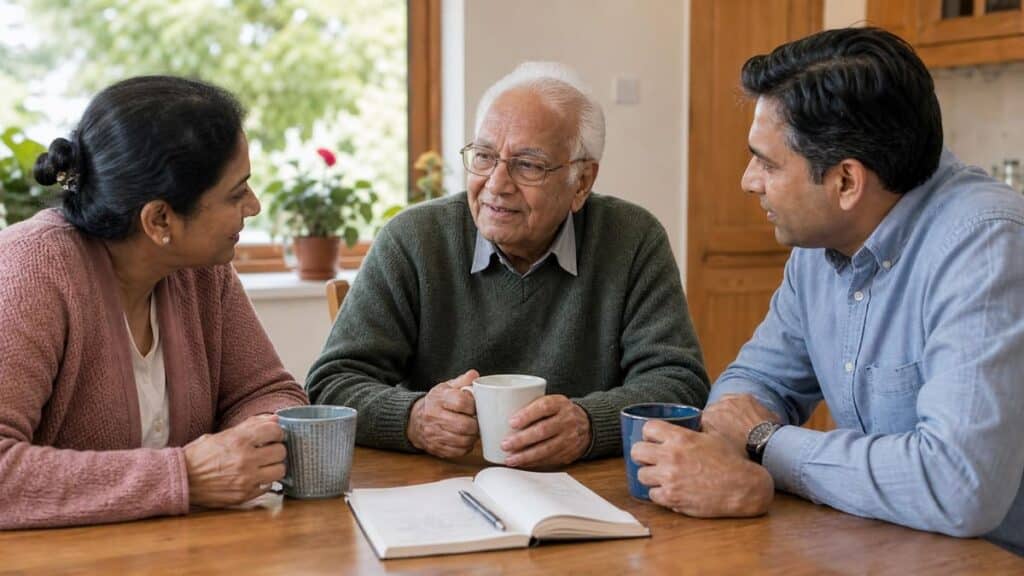 Two adult siblings talk with their older father over coffee at the kitchen table