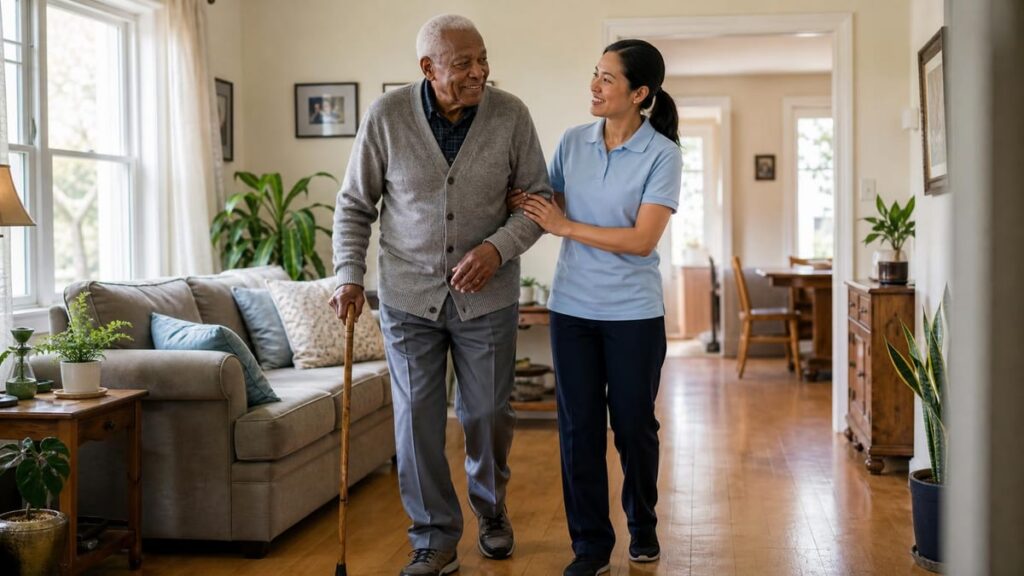 A caregiver in a light blue polo walks beside an older man using a cane in a bright living room