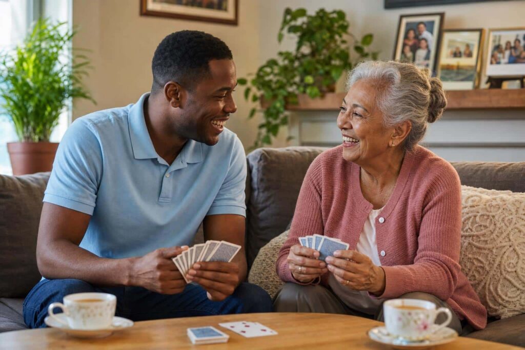 A caregiver and an older woman share a relaxed game of cards at home during respite care.